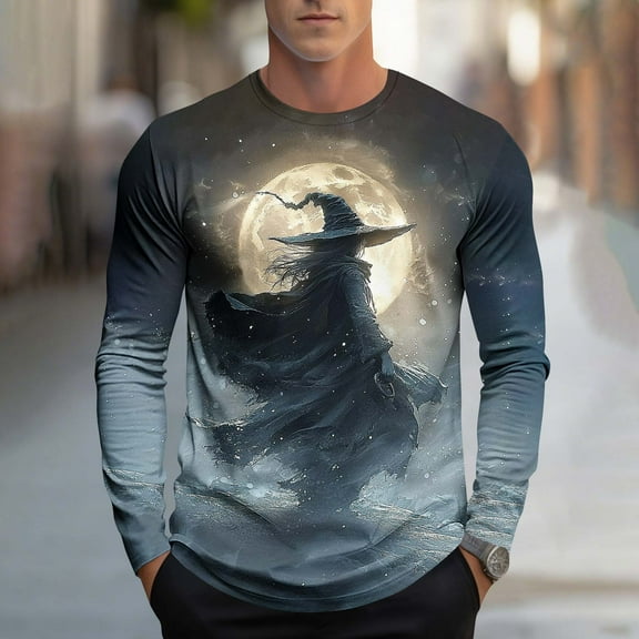 YOIAVAIOY Men Spooky Print T shirts Long Sleeve Graphic Pullover Tee Shirt Lightweight Crewneck Tee Shirts Stylish Fall Tops Gray XXXL