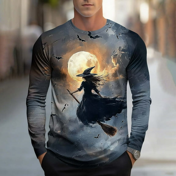 YOIAVAIOY Men Spooky Print T shirts Long Sleeve Graphic Pullover Tee Shirt Lightweight Crewneck Tee Shirts Stylish Fall Tops Navy XL