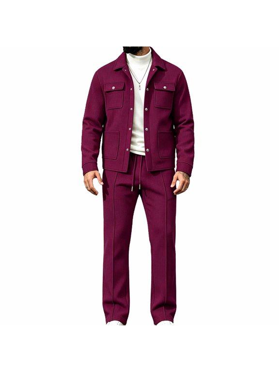 Men Two Piece Textured Set Long Sleeve Cargo Button Down Shirt and Drawstring Pants Sets Casual Fashion Workwear OutfitsS