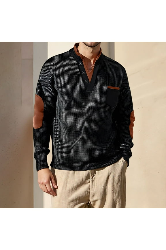 Men Waffle Knit Henley Shirt Fall Winter Long Sleeve Notch V Neck Pullover Thermal Shirt with Elbow Patches Black XXXL