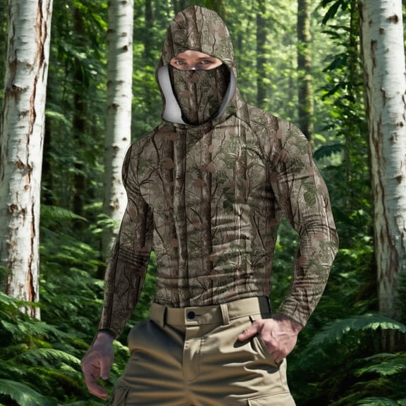 YOIAVAIOY Men's Camo Sun Hooded Jacket Features an Attached Face Mask for Complete Maskage, UPF50+ Lightweight Material for Fishing and Hunting Trips Camouflage L