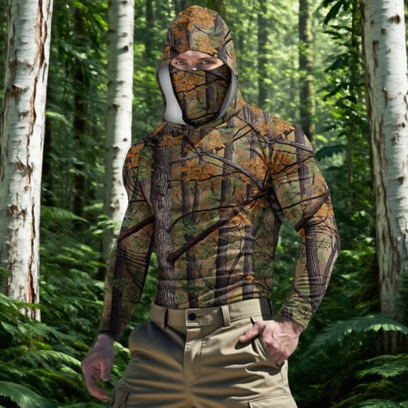 YOIAVAIOY Men's Camo Sun Hooded Jacket Features an Attached Face Mask for Complete Maskage, UPF50+ Lightweight Material for Fishing and Hunting Trips Camouflage S