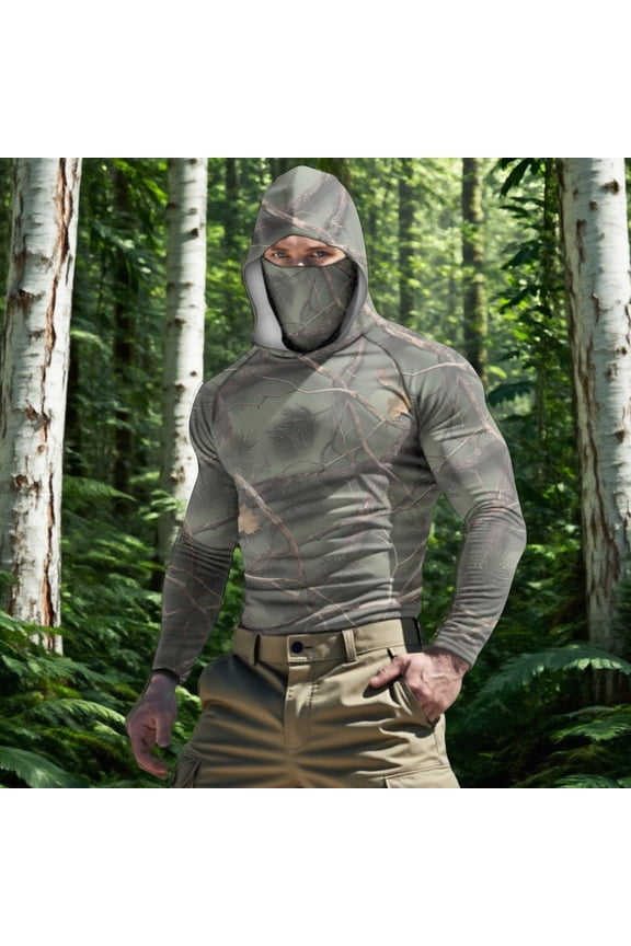 Men's Camo Sunwear Top Long Sleeve Hoodie with Built-in Face Protection, UPF50+ Fabric is Thin and Packable, Ideal for Vacation and Tours Camouflage XL