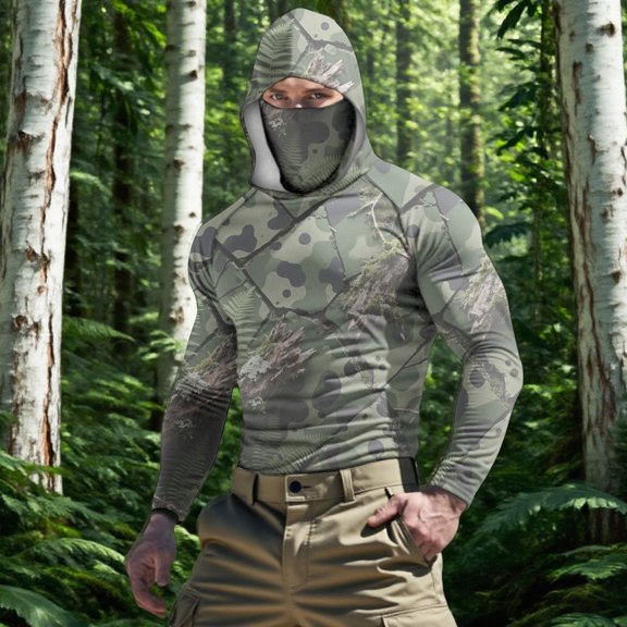 YOIAVAIOY Men's Camo Sunwear Top Long Sleeve Hoodie with Built-in Face Protection, UPF50+ Fabric is Thin and Packable, Ideal for Vacation and Tours Camouflage XXL