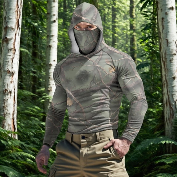 YOIAVAIOY Men's Camouflage Sun Shirt with Hood UPF50+ Protection and Attached Neck Gaiter, Quick-Dry Material for Sweaty Activities and Summer Use Camouflage XXXXL