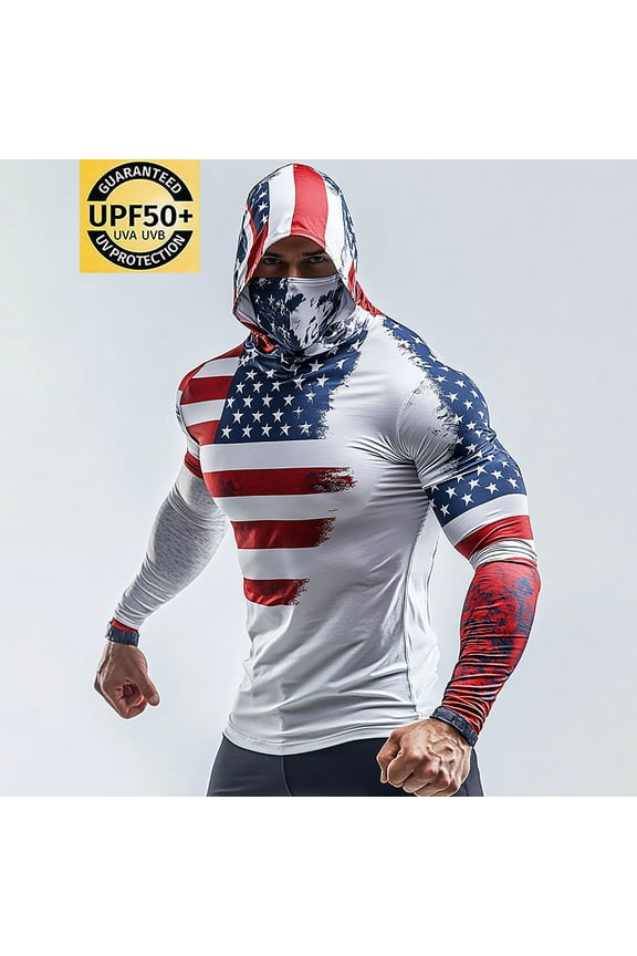 Men's Camouflage UV Protection Shirt Full Zip Sun Hoodie with Built-in Neck Gaiter, UPF50+ Lightweight Fabric for Fishing and Use White XL