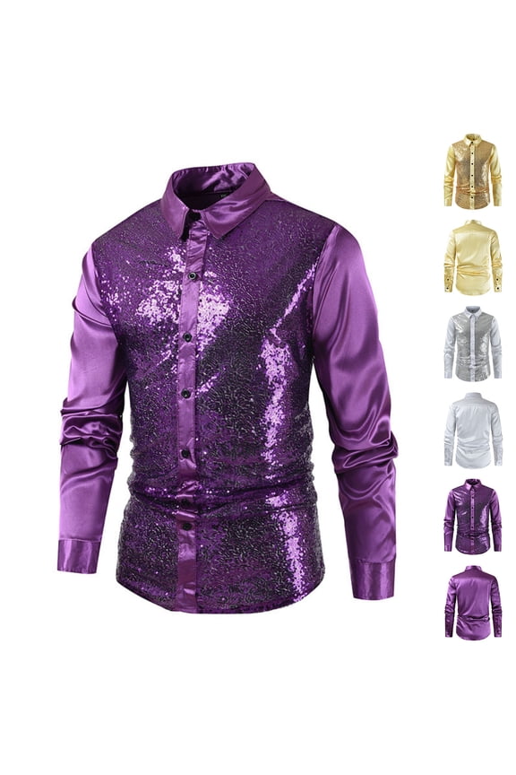 Men's Disco Long Sleeve Shirts Shiny Sequin Button Down Shirts Mardi Gras Outfit