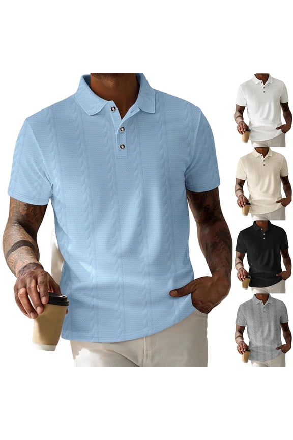 Men's Fashion Solid Short Sleeve Polos Shirts with Jacquard Lapel for Casual Wear White XXL