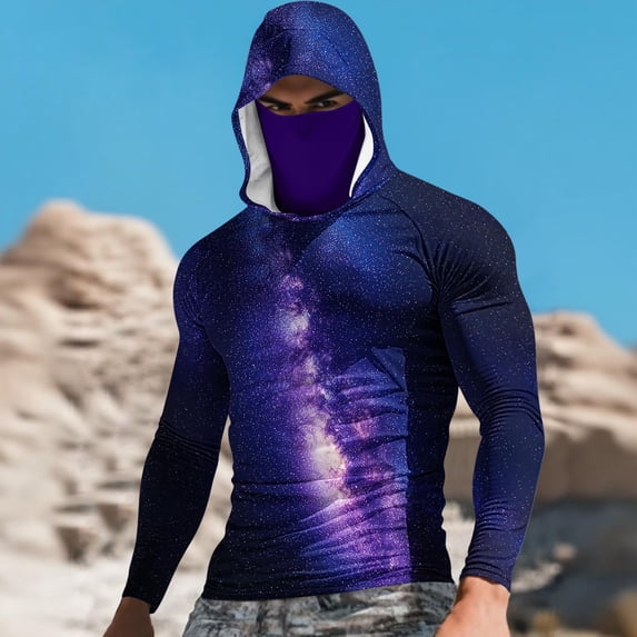 YOIAVAIOY Men's Fishing Hoodie Shirt Face Mask USA Flag Pride Camo UPF 50+ Rash Guard Long Sleeve Going Out Tops Purple M