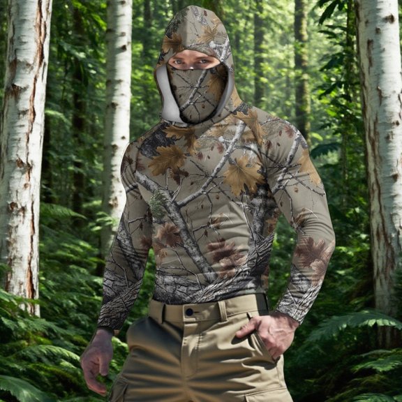 YOIAVAIOY Men's Fishing Sun Shirt Camo UPF50+ Long Sleeve Hoodie with Attached , Quick-Dry and Breathable for Boating and Water Sports Camouflage L