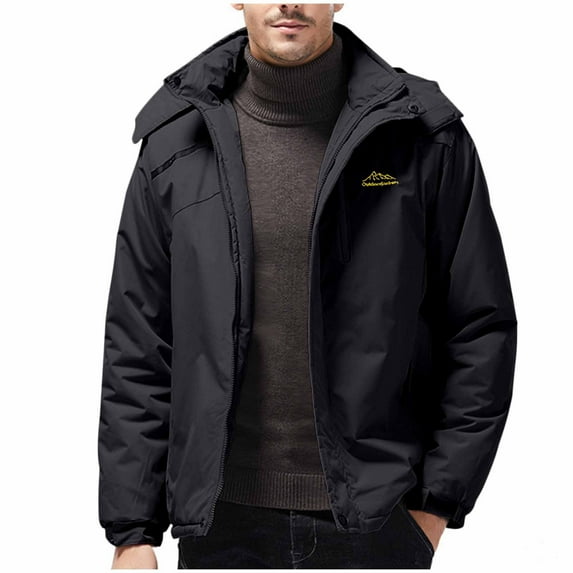 YOIAVAIOY Men's Fleece Lined Softshell Jacket Big and Tall Hooded Raincoat Thickened Warm Ski Snow Coat with Multi Pockets Black XL
