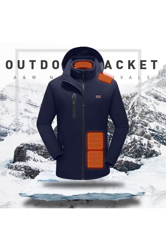 Men's Heated Jacket Winter Warm Hooded Jacket Electric Heating Outdoor Coat with Pockets Blue XXXXL