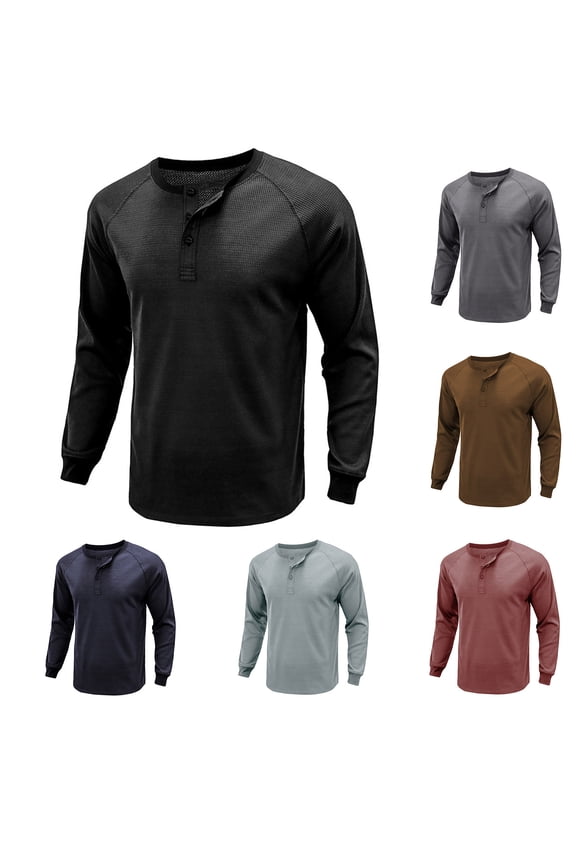 Men's Henley Shirt Long Sleeve Waffle Knit Thermal Underwear Pullover Casual Slim Fit Lightweight Button Down Tops Khaki XXL