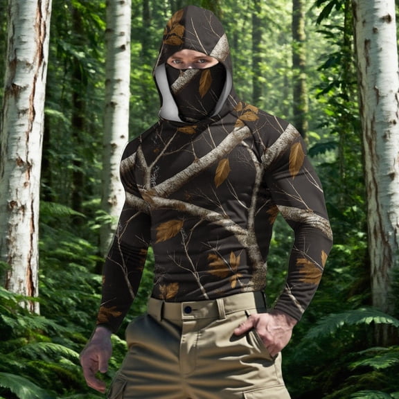 YOIAVAIOY Men's Lightweight Sun Hoodie Camo Features a Built-in Face Mask for Full Face Protection, UPF50+ Fabric, Trendy for and Outdoor Sports Camouflage XL