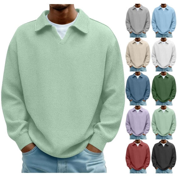 YOIAVAIOY Men's Long Sleeve Knit Polos, Breathable Versatile Casual Trendy, Soft Pullover for Daily Wear Sky Blue XXL
