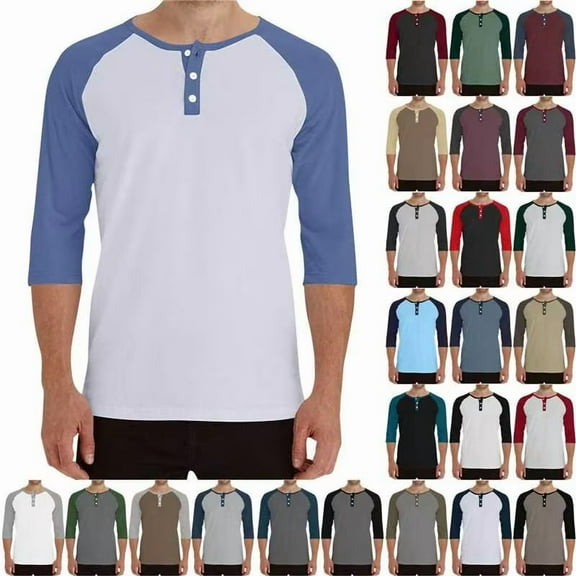 YOIAVAIOY Men's Color Block Henley Shirt Raglan 3/4 Sleeve Button T-Shirt Summer Casual Blouse Tops Beige XXL