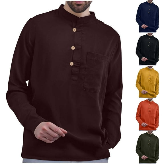 YOIAVAIOY Long Sleeve Henley Shirt Men's Solid Button Tees Chinese Style Casual Loose Blouse Tops with Pocket Black XL
