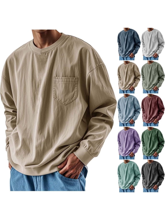 Men's Solid Tees Oversized Drop Shoulder T Shirt Long Sleeve Crew Neck Pocket Tee Tops Lightweight Fall Sweatshirt Purple XL