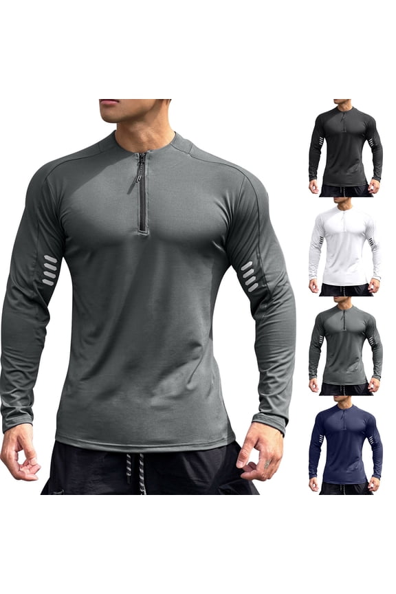 Mens Long Sleeve Bike Shirts Quarter Zip Pullover Tops Moisture Wicking Breathable Quick Dry Hiking Running T Shirt Active Wear White L