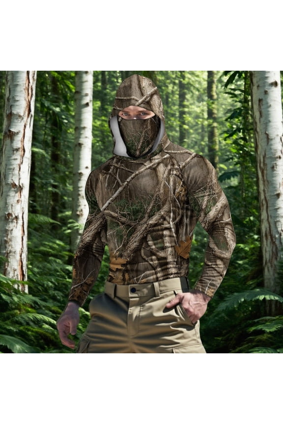 Men's Long Sleeve Sun Shirt with Camo Print UPF50+ Hooded Top Includes Attached Face Mask, Lightweight Protection for Construction and Landscaping Camouflage L