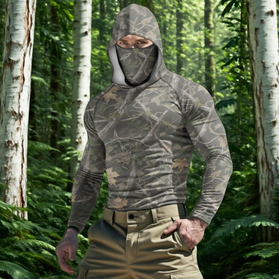 YOIAVAIOY Men's Outdoor Protection Jacket Camo Sun Hoodie with Attached Mask, UPF50+ Keeps You Safe from Sunburn, Lightweight for Hiking and Climbing Camouflage L