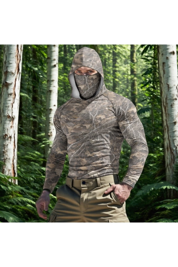 Men's Outdoor Protection Jacket Camo Sun Hoodie with Attached Mask, UPF50+ Keeps You Safe from Sunburn, Lightweight for Hiking and Climbing Camouflage S
