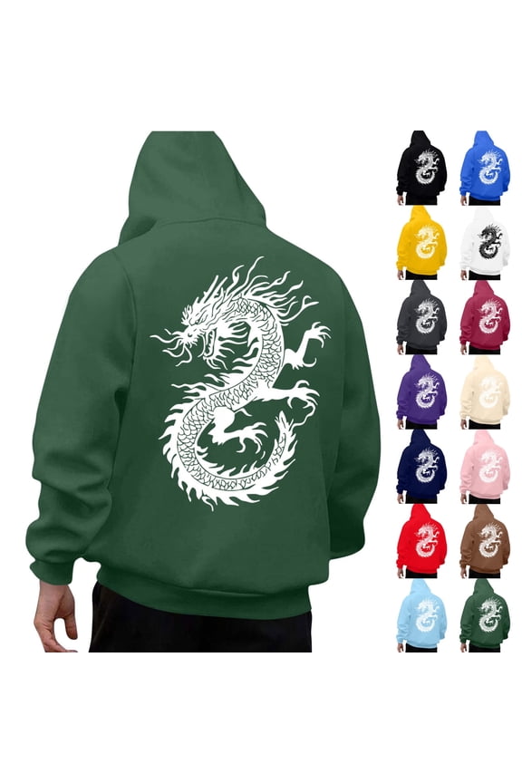 Men's Oversized Hoodies Dragon Graphic Hoodie Casual Loose Fit Sweatshirts Fashion Y2k Hoodie Sweatshirts Army Green L