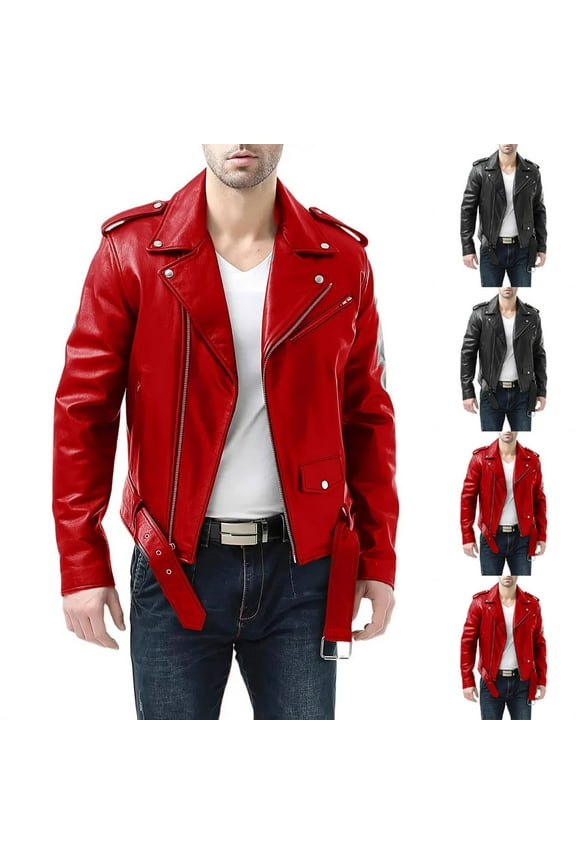 Men's PU Leather Jacket Belted Motorcycle Jacket Zipper Biker Coat Lightweight Windbreaker Cropped Jacket