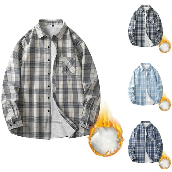 YOIAVAIOY Men's Plaid Button Down Shirts Long Sleeve Casual Fleece Shirt Jackets Work Vintage Regular Fit Pocket Soft Blouse Tops Light Blue M