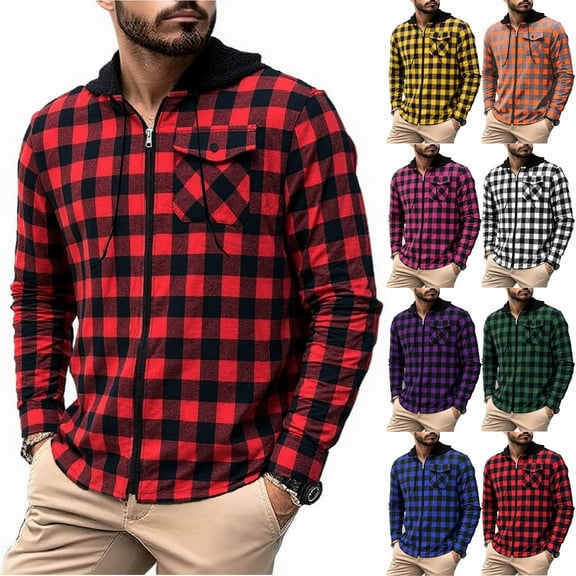 YOIAVAIOY Men's Plaid Shirt Full Zip Up Long Sleeve Fashion Casual Shirts Lightweight Soft Jacket with Pockets Hot Pink XXL