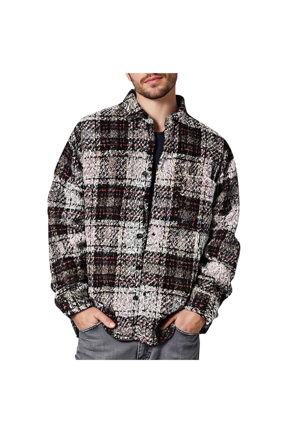 Men's Shirt Jackets Plaid Shacket Jacket Fall Causal Outerwear Stylish Checkered Jackets Gray L