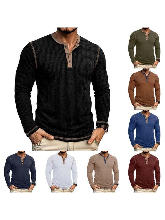 Men's Slim Fit Henley Shirts Long Sleeve Casual T-Shirt Fashion 3 Button Knitted Shirts Navy XXL