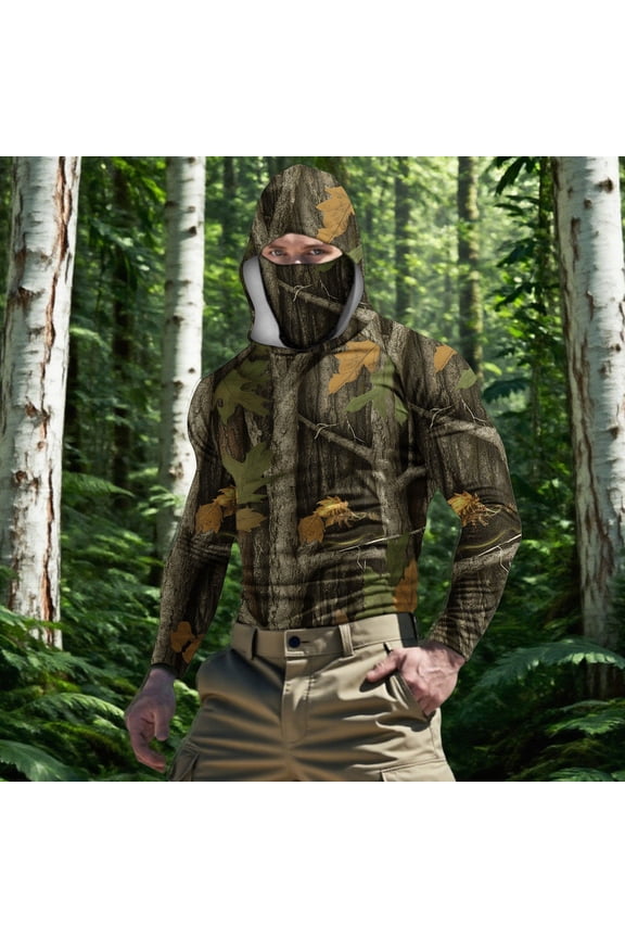 Men's Sun Block Hoodie Camouflage Long Sleeve Shirt with Attached , UPF50+ Protection, Air Permeable for High Intensity Outdoor Work Camouflage L
