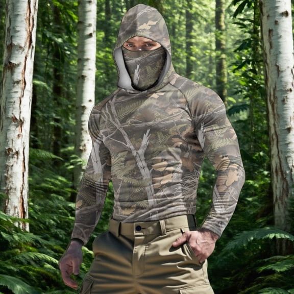 YOIAVAIOY Men's Sun Hoodie with Face Mask Camouflage Pattern, UPF50+ Against Harmful Rays, Lightweight Layer for Adventure and Work Camouflage M