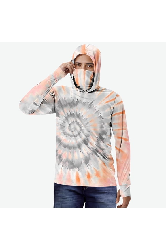 Men's Sun Protection Hoodies UPF 50+ Long Sleeve UV SPF Fishing Tie Dye Print Shirts with Mask Rash Guard Orange M