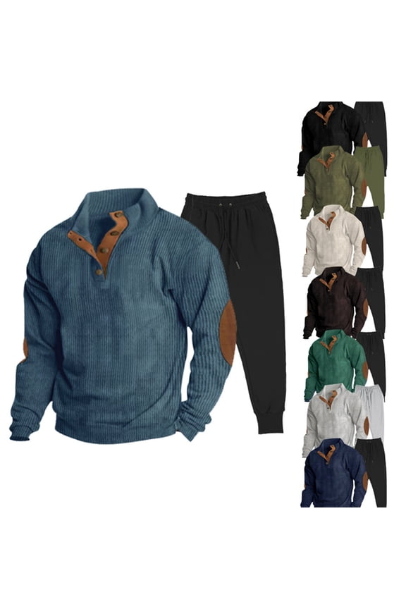 Men's Tracksuit 2 Piece Set Color Block Sweatsuit Corduroy Polo Sweatshirt and Drawstring Joggers Sets Elbow Patch Stylish Outfits Beige S