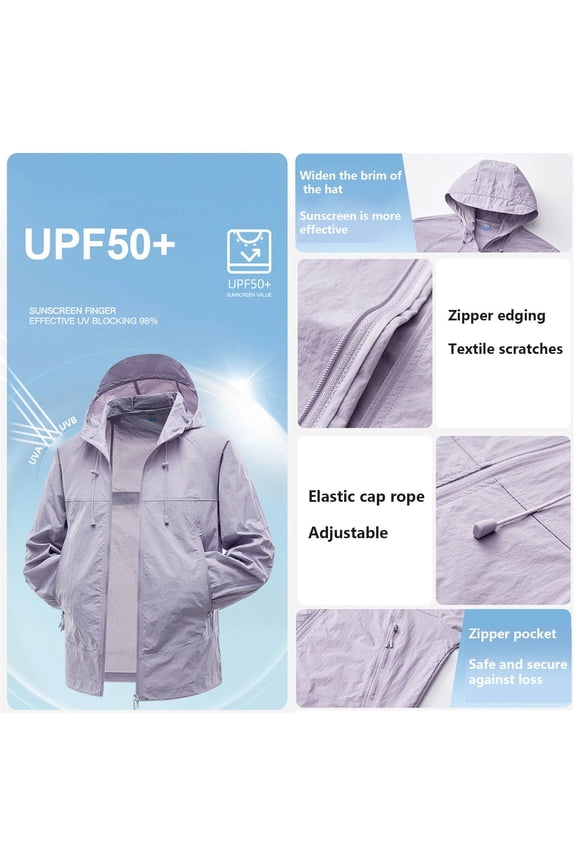 Men's UPF 50 Light Jacket Sun Protection Hooded SPF UV Jacket Adjustable Brim Windproof Outdoor Hiking Fishing Coat Gray M