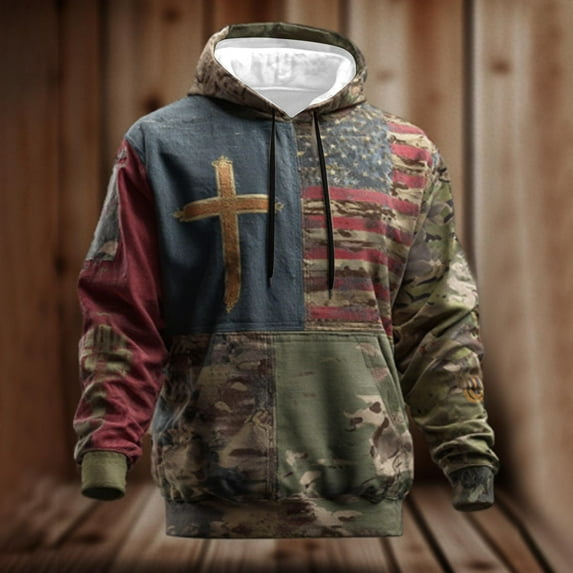 YOIAVAIOY Men's Vintage Distressed Hoodies American Flag Loose Hooded Sweatshirt Trendy Casual Long Sleeve Pullover Tops with Pockets Khaki M
