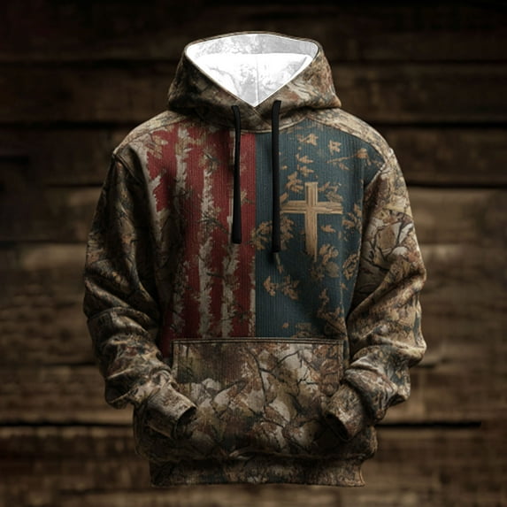 YOIAVAIOY Men's Vintage Distressed Hoodies American Flag Loose Hooded Sweatshirt Trendy Casual Long Sleeve Pullover Tops with Pockets Khaki XL