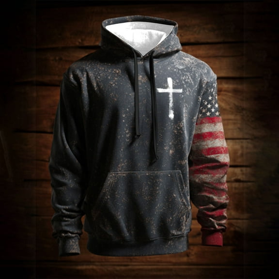 YOIAVAIOY Men's Vintage Distressed Hoodies American Flag Loose Hooded Sweatshirt Trendy Casual Long Sleeve Pullover Tops with Pockets Navy M