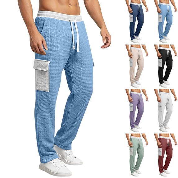 YOIAVAIOY Men's Waffle Cargo Pants Color Block Elastic Waist Drawstring Lounge Pants Summer Outdoor Hiking Sweatpants with Multi Pockets Blue L