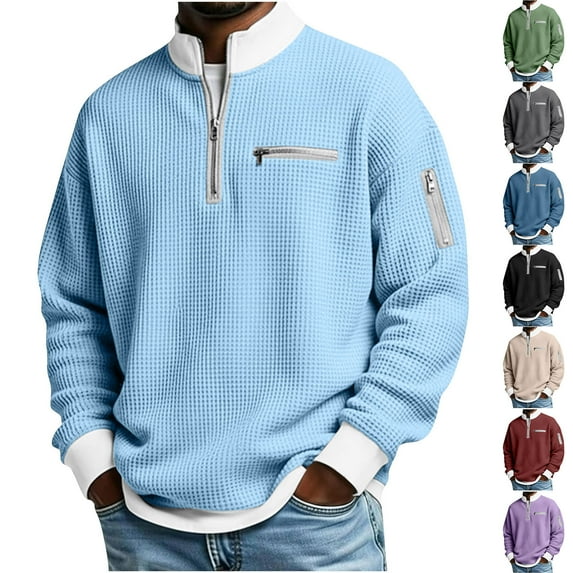 YOIAVAIOY Men's Waffle T-Shirt Long Sleeve Half Zip Color Block Vintage Casual Golf Shirts Zipper Pocket Outdoor Tops Mint Green S