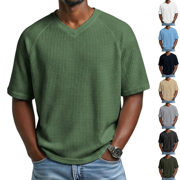 YOIAVAIOY Men's Waffle T Shirts Knit Casual Textured Short Sleeve Tees V Neck Basic Solid Tops White XXXXL
