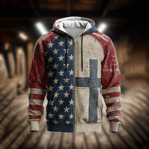 YOIAVAIOY Men's Zip Up Hoodie Sweatshirts Vintage Casual American Flag Cross Faith Print Sweatshirt Patriotic Fashion Y2k Hoodies with Pocket Khaki XL