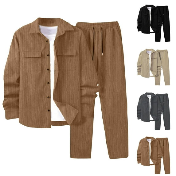 YOIAVAIOY Mens 2 Piece Outfits Corduroy Casual Long Sleeve Shirts Pant Sets Fall Fashion Tracksuits with Multi Pockets Dark Gray M