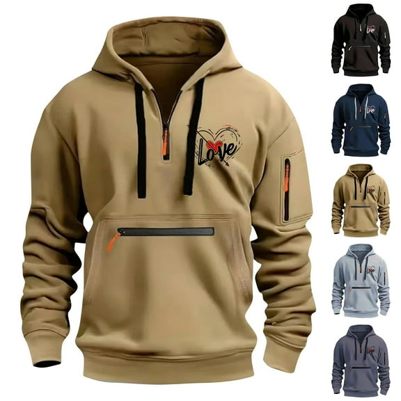 YOIAVAIOY Mens Cargo Hoodie Long Sleeve Quarter Zip Pullover Hoodies Lightweight Outdoor Heart Print Sweatshirts with Zipper Pockets Navy S