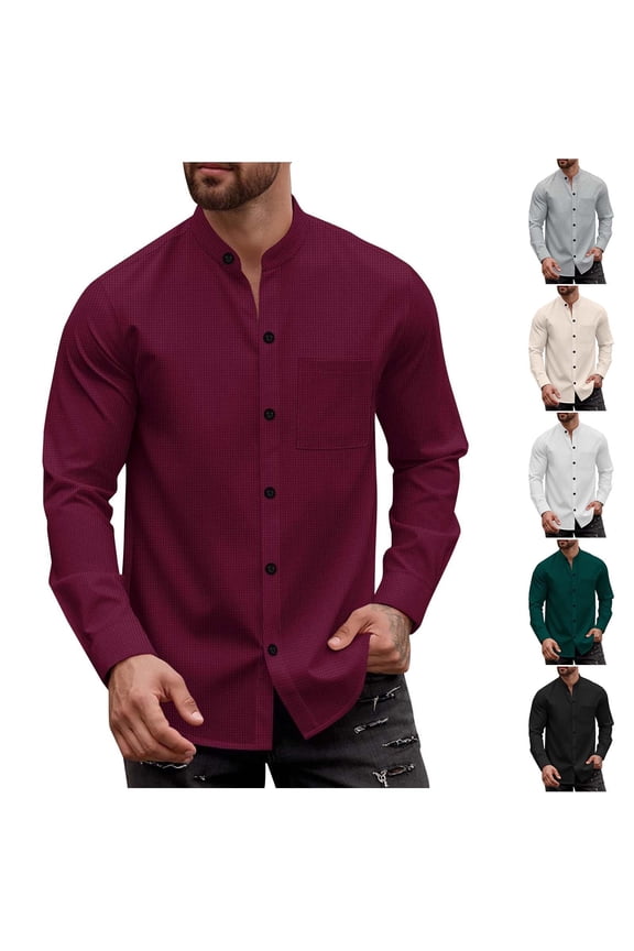 Mens Collarless Shirts Long Sleeve Button Down Shirts Stretch Formal Tops with Pocket Black S