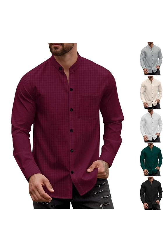 Mens Collarless Shirts Long Sleeve Button Down Shirts Stretch Formal Tops with Pocket Wine M