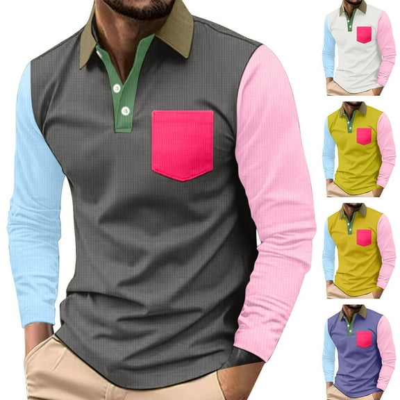 YOIAVAIOY Mens Color Block Polos Shirt Long Sleeve Lapel Tennis Shirt Fashion Hipster Steetwear Fall Casual Collared Tops with Pocket White M