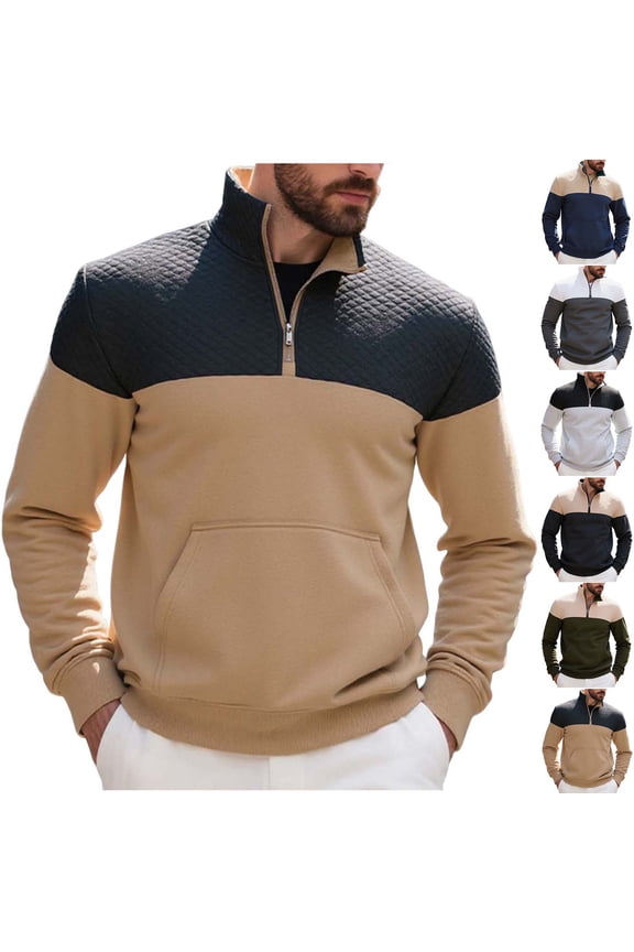 Mens Fashion Sweatshirt Half Zip Stand Collar Long Sleeve Sweatshirts Color Block Casual Pullovers Fall Winter Streetwear Polos Shirts Gray S
